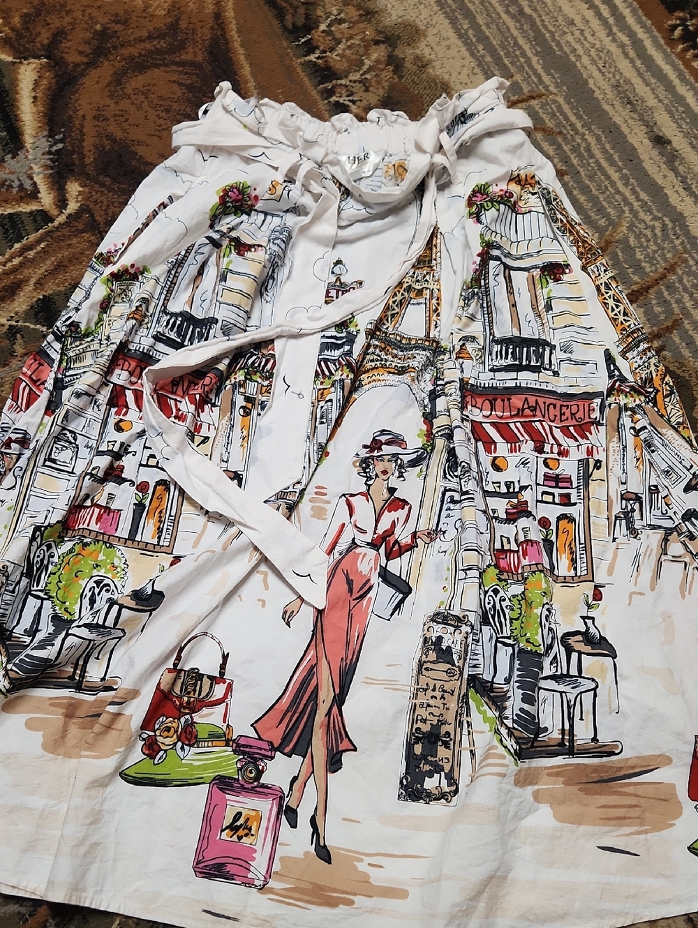 White Printed A-Line Skirt with Parisian Illustration